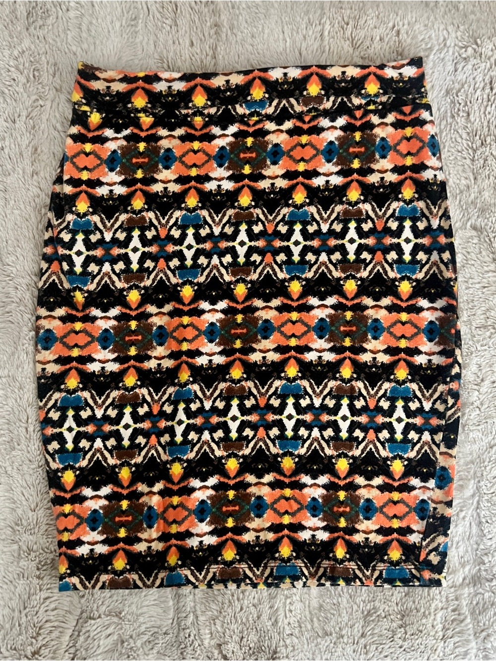 Joe Benbasset Black Pencil Skirt with Coral & Teal Aztec-Style Pattern